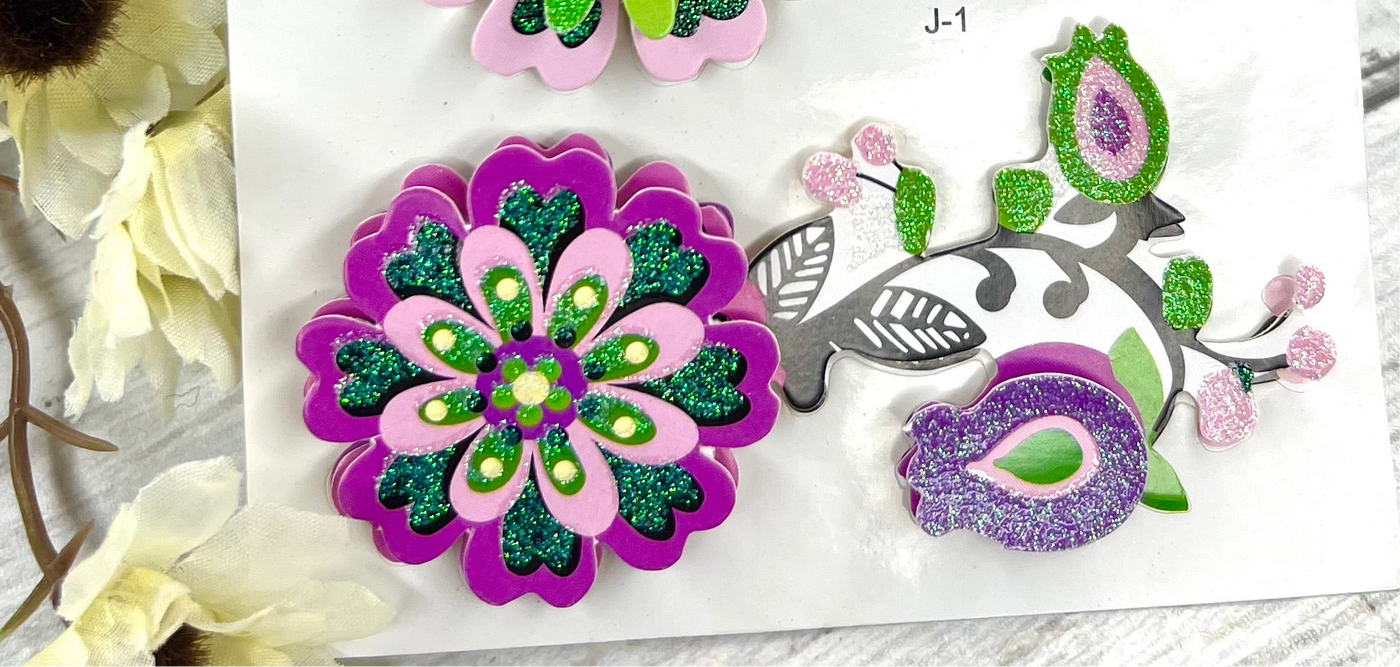 Glittiar Green And Pink Flowers : 3D Stickers