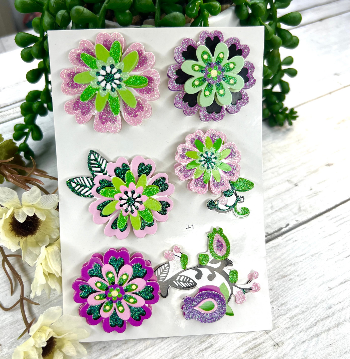 Glittiar Green And Pink Flowers : 3D Stickers