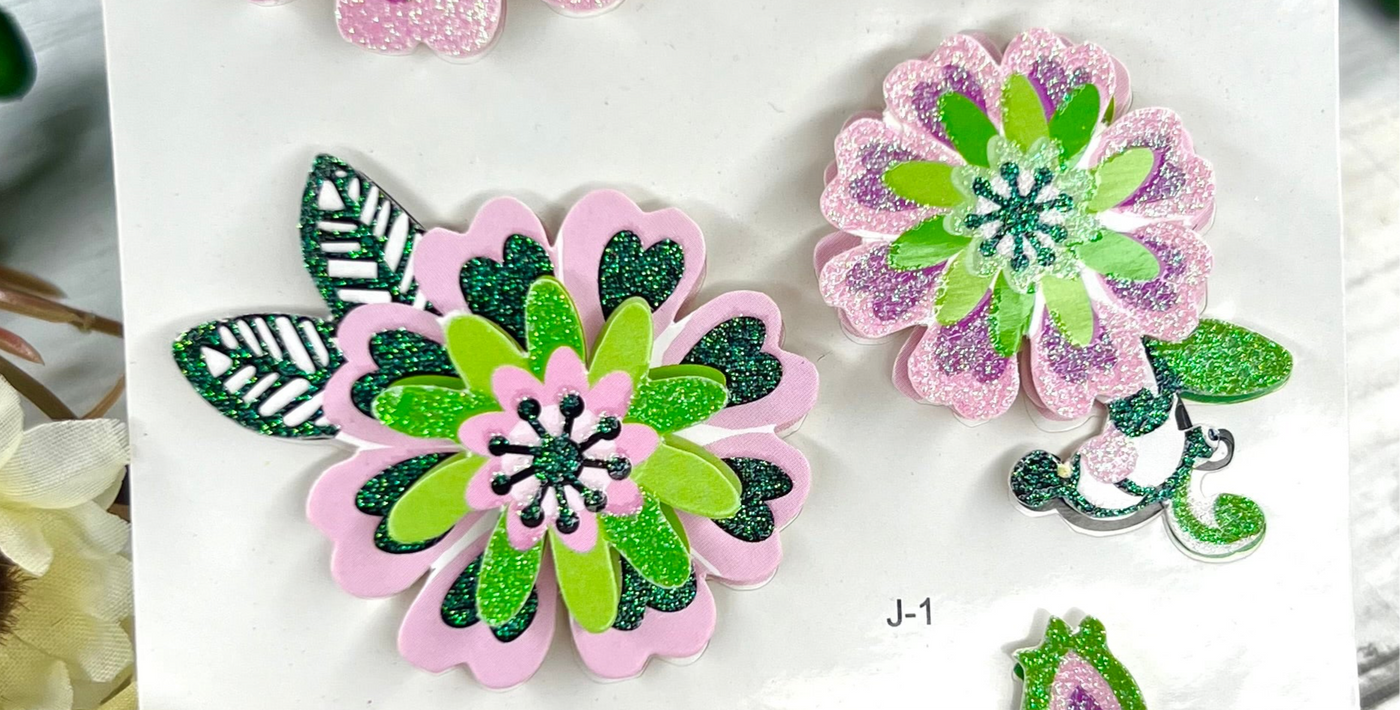 Glittiar Green And Pink Flowers : 3D Stickers