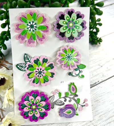 Glittiar Green And Pink Flowers : 3D Stickers