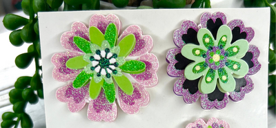 Glittiar Green And Pink Flowers : 3D Stickers