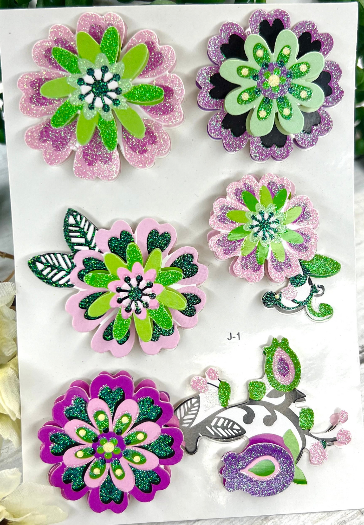 Glittiar Green And Pink Flowers : 3D Stickers