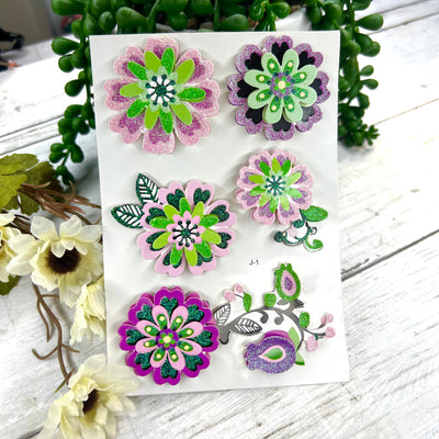 Glittiar Green And Pink Flowers : 3D Stickers